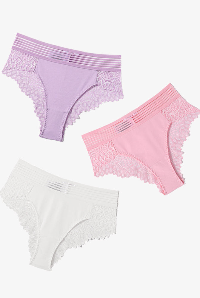 Cotton blend lace cheeky hipster panties in lavender, pink, and white, perfect for comfort and style