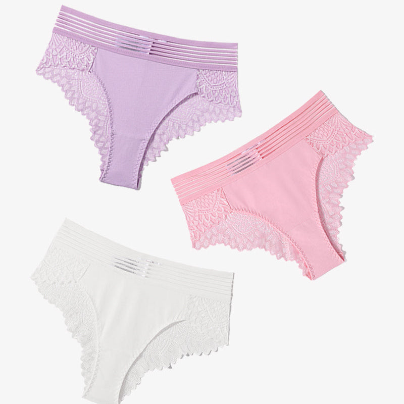 Cotton blend lace cheeky hipster panties in lavender, pink, and white, perfect for comfort and style