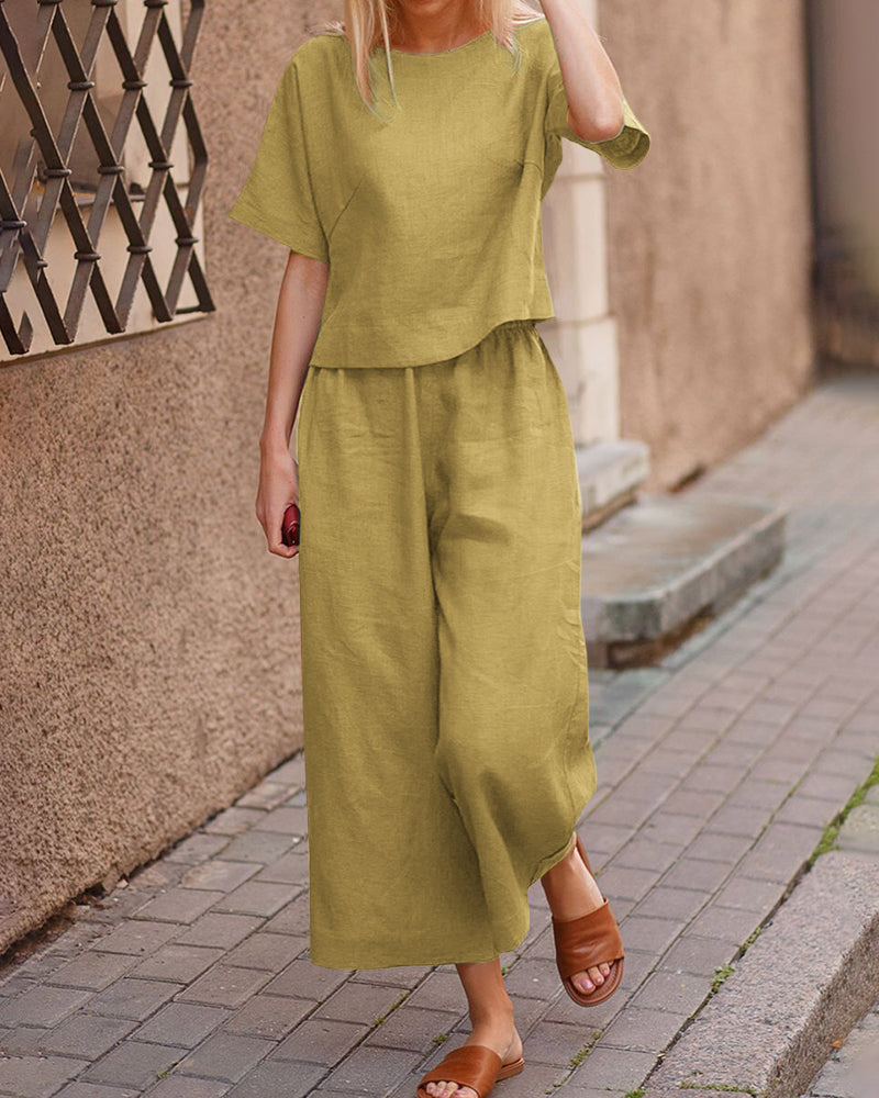 Olive green linen two-piece set for women, casual outfit with short sleeves and wide leg pants