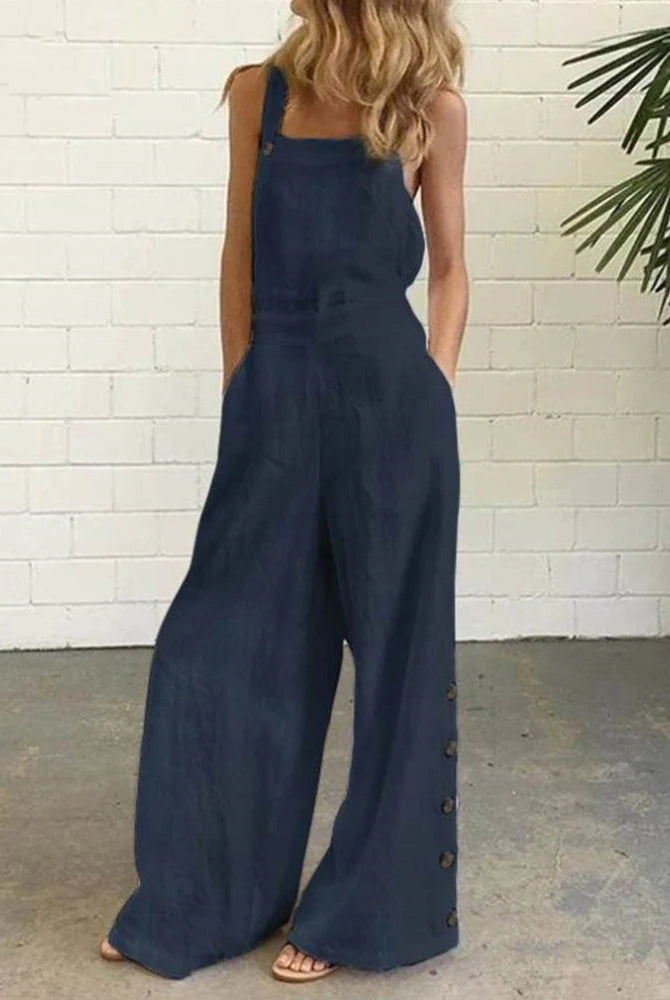 Dark blue wide leg bib pants romper for women, cotton linen blend, casual style