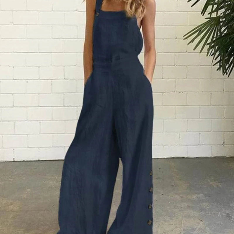 Dark blue wide leg bib pants romper for women, cotton linen blend, casual style