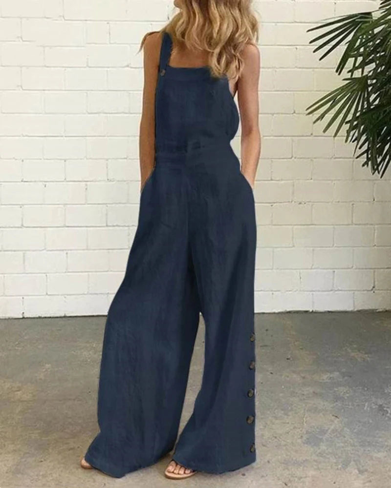 Dark blue wide leg bib pants romper for women, cotton linen blend, casual style