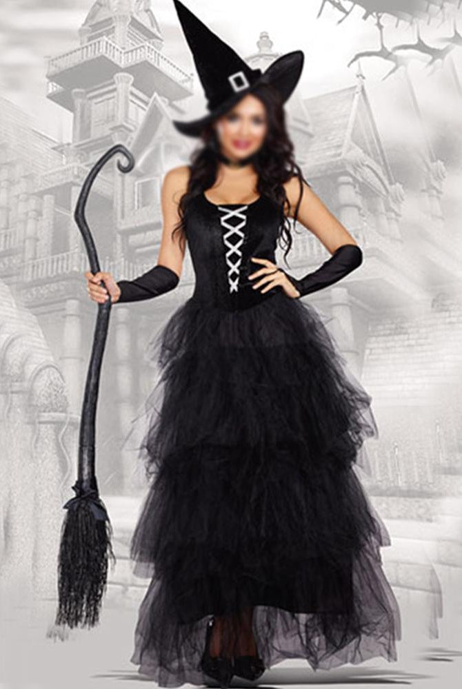 Black witch costume for Halloween: maxi dress, hat, gloves, and broom. Perfect for a spooky event.