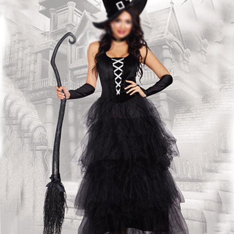 Black witch costume for Halloween: maxi dress, hat, gloves, and broom. Perfect for a spooky event.