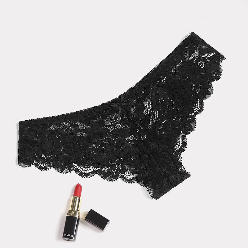 Black floral lace hipster panties with Chanel lipstick. Sheer, stylish, and comfortable lingerie.