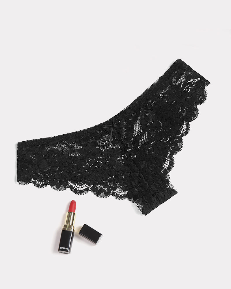 Black floral lace hipster panties with Chanel lipstick. Sheer, stylish, and comfortable lingerie.