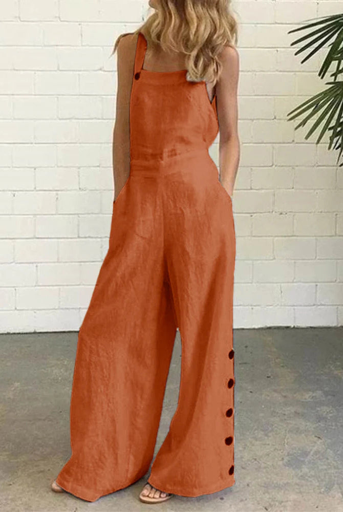 Orange cotton-linen blend wide leg bib pants romper with button details for women, casual style