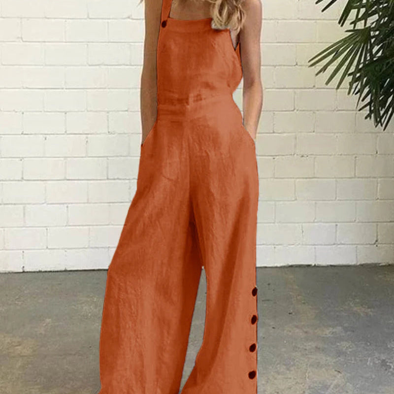 Orange cotton-linen blend wide leg bib pants romper with button details for women, casual style