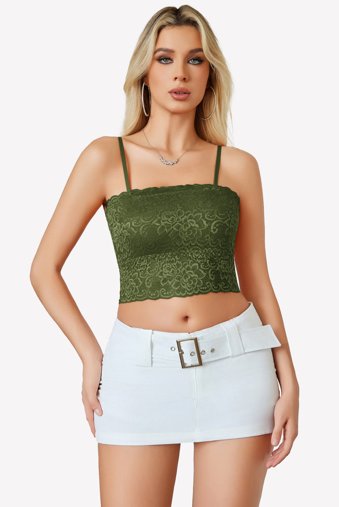 Olive green lace bralette with adjustable straps and white mini skirt. Sexy Avidlove lingerie.