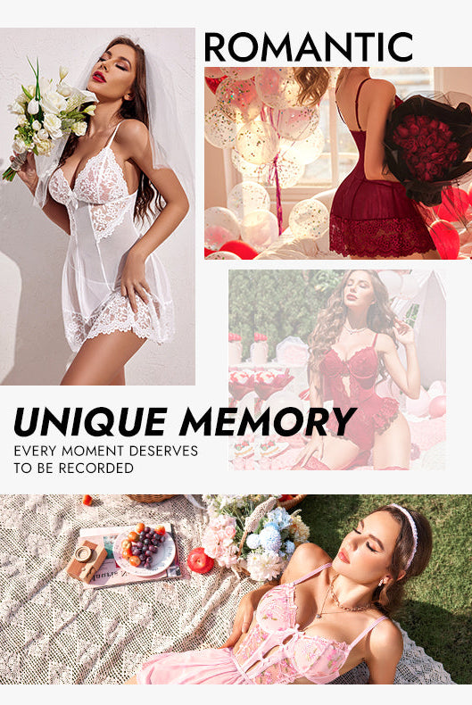 Avidlove lingerie: Romantic styles, including white lace and red satin lingerie for unique memories.