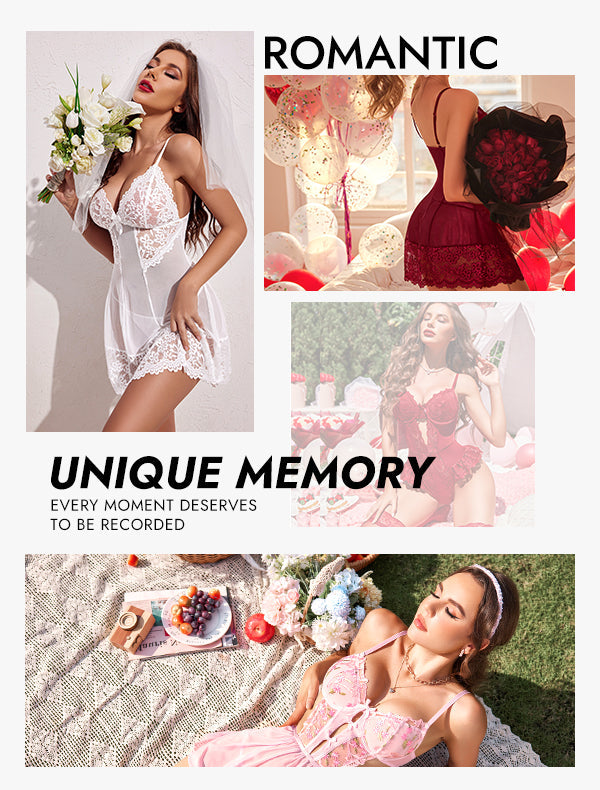 Avidlove lingerie: Romantic styles, including white lace and red satin lingerie for unique memories.