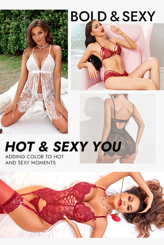 Avidlove lingerie styles: Lace robes, red sets, and black bodysuits, promoting a bold, sexy look.