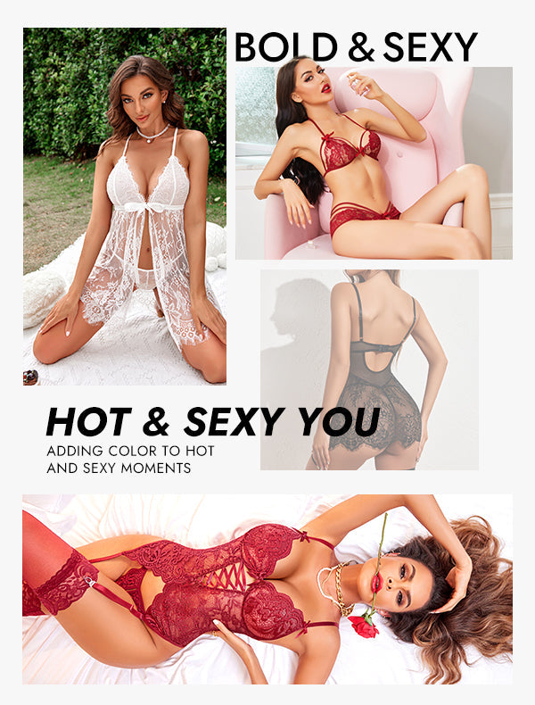 Avidlove lingerie styles: Lace robes, red sets, and black bodysuits, promoting a bold, sexy look.