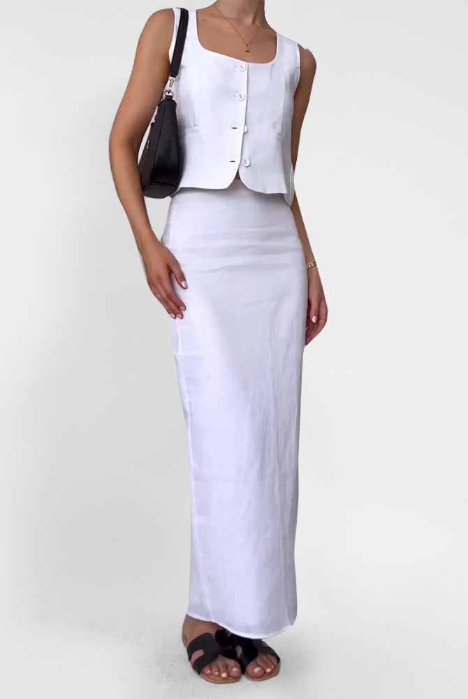 White sleeveless vest and long pencil skirt set with button-front design
