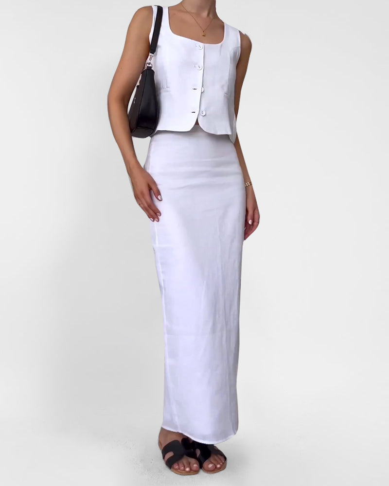White Slim Fit Vest and Skirt Set, Casual Outfit with Linen and Cotton Blend