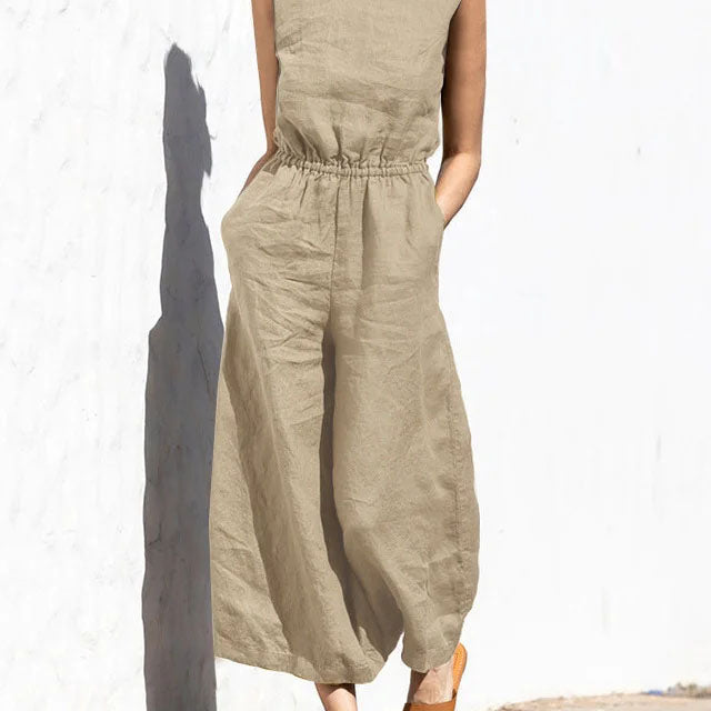 Beige wide leg cotton jumpsuit with elastic waist, perfect for casual and daily wear.