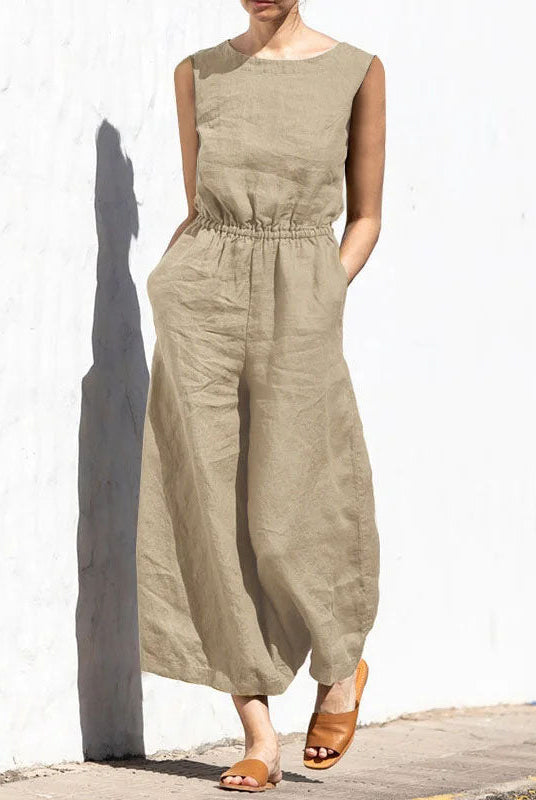 Beige wide leg cotton jumpsuit with elastic waist, perfect for casual and daily wear.