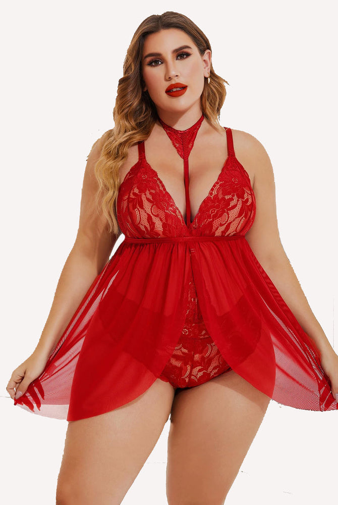 Plus Size Red Lace Babydoll Lingerie with Choker; Mesh Overlay Design