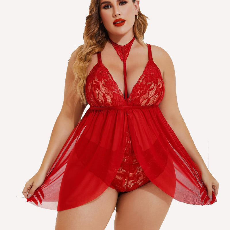 Plus Size Red Lace Babydoll Lingerie with Choker; Mesh Overlay Design
