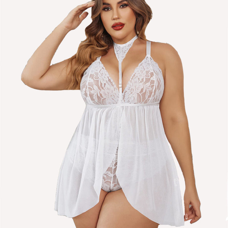 Plus size white lace babydoll lingerie with mesh overlay and removable choker; ideal for sleepwear.