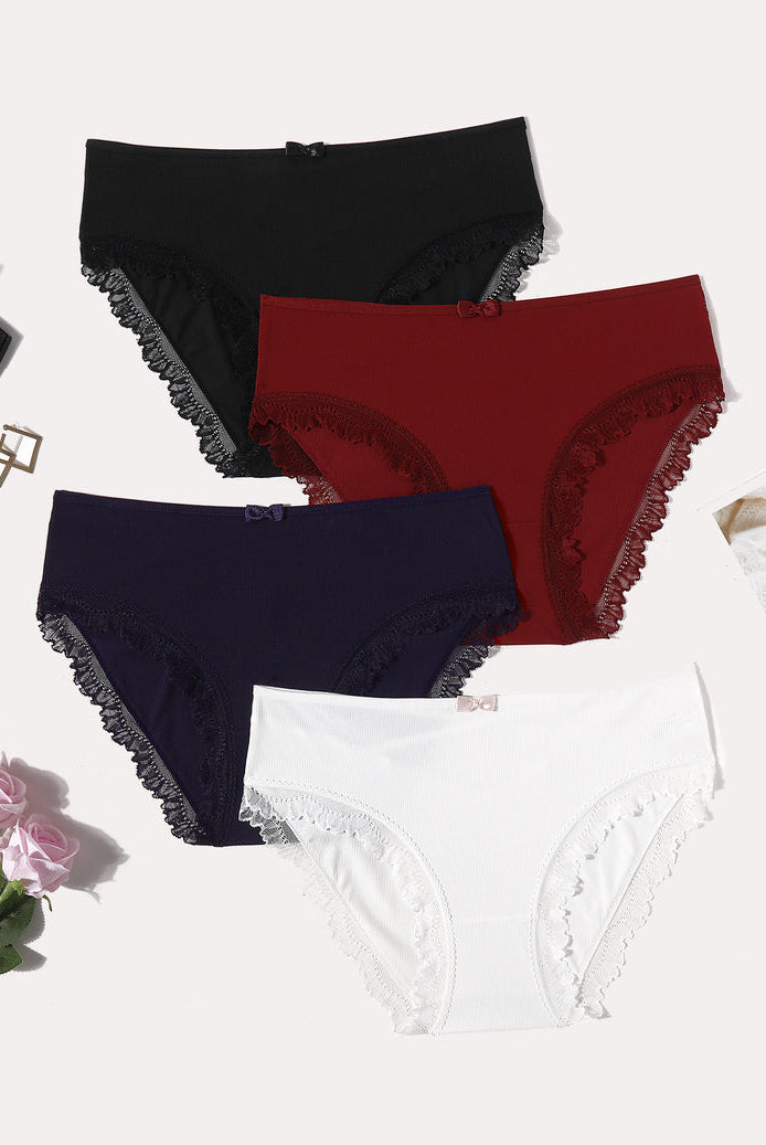 4-pack lace-trim panties with crisscross back; black, red, navy, white