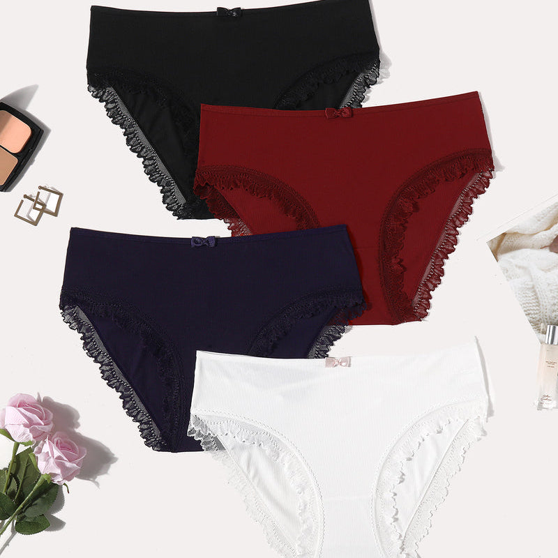 4-pack lace-trim panties with crisscross back; black, red, navy, white