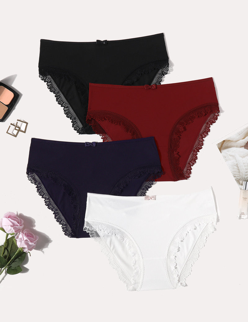 4-piece lace trim panties set in black, burgundy, navy, and white with bow details and elastic waist