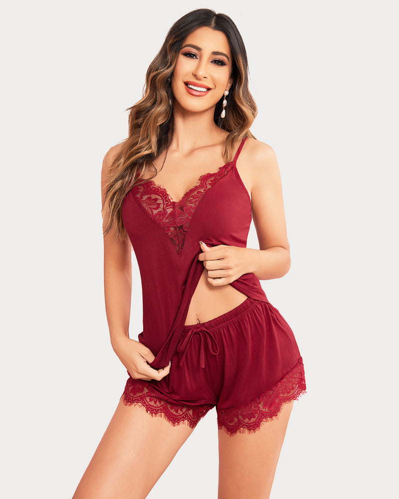 Burgundy lace trim pajama set, comfortable sleepwear with V-neck camisole and shorts.