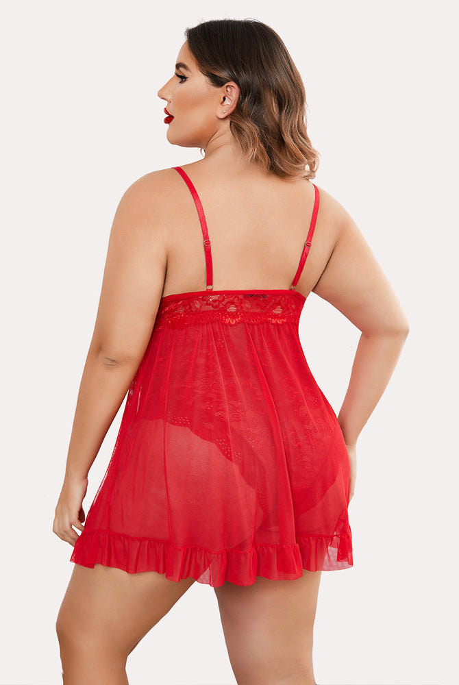 Plus Size Red Floral Lace Babydoll Lingerie with Ruffle Hem