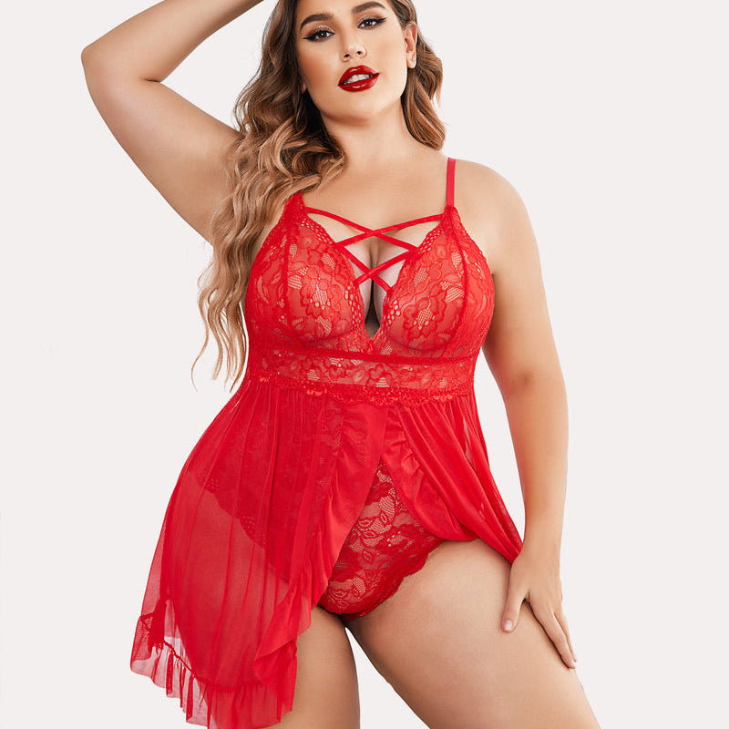 Plus Size Red Babydoll Lingerie with Lace, Criss-cross Straps, and Mesh Skirt, Avidlove