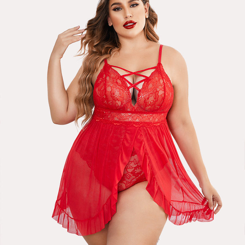 Plus Size Red Babydoll Lingerie with Lace, Mesh Overlay and Criss-cross Straps