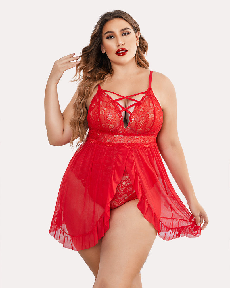 Plus Size Red Babydoll Lingerie with Lace, Mesh Overlay and Criss-cross Straps