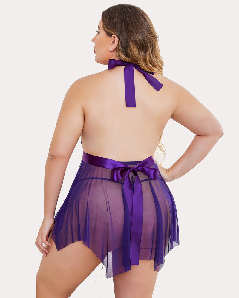 Plus Size Purple Babydoll Lingerie with Satin Bow Detail