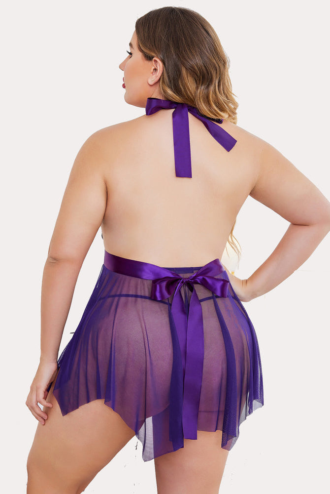 Plus Size Purple Lace Babydoll Lingerie with Halter Neck and Satin Bow