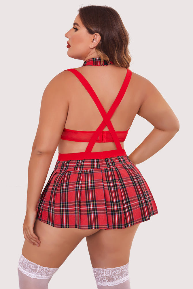 Plus size red plaid lingerie set with mini skirt, suspender straps, and choker