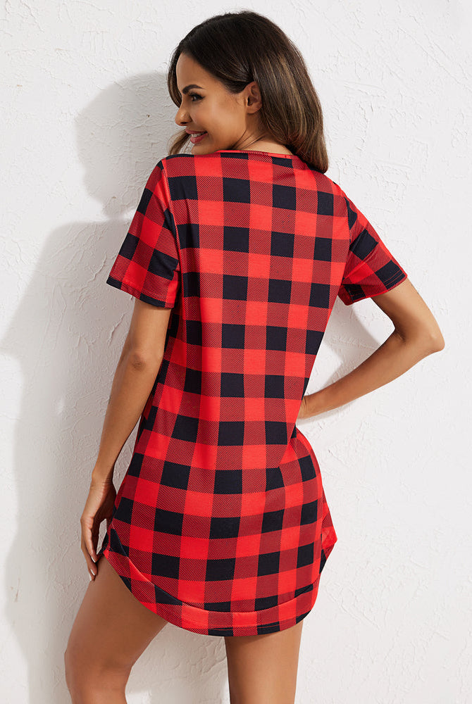 Plaid V-neck Nightshirt, Red and Black, Casual Sleepwear, Pajama Dress
