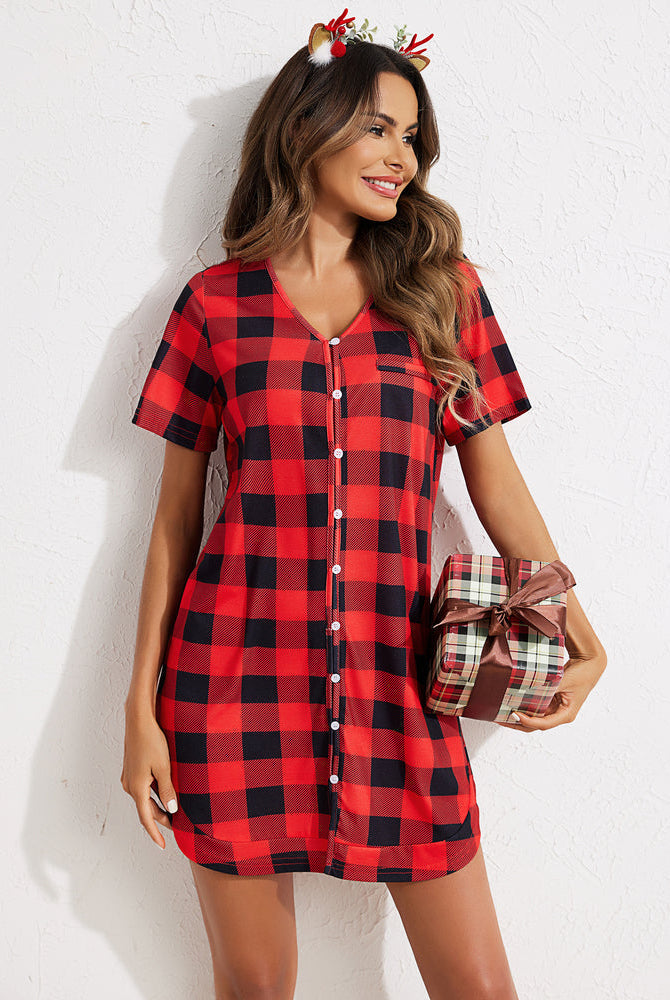 Red and Black Plaid Short Sleeve Nightshirt, comfortable sleepwear and maternity with gift