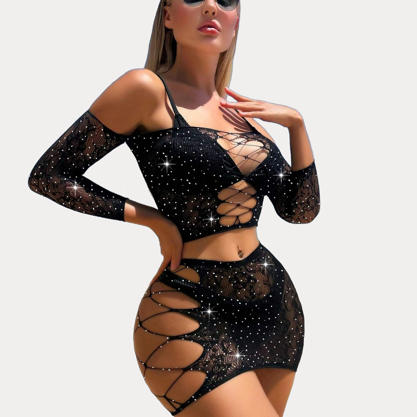 Black rhinestone fishnet lingerie set, mesh top and skirt, criss-cross design