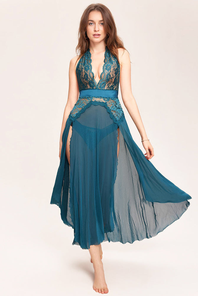 Blue-green deep V-neck lace mesh dress with sheer skirt and lace trim