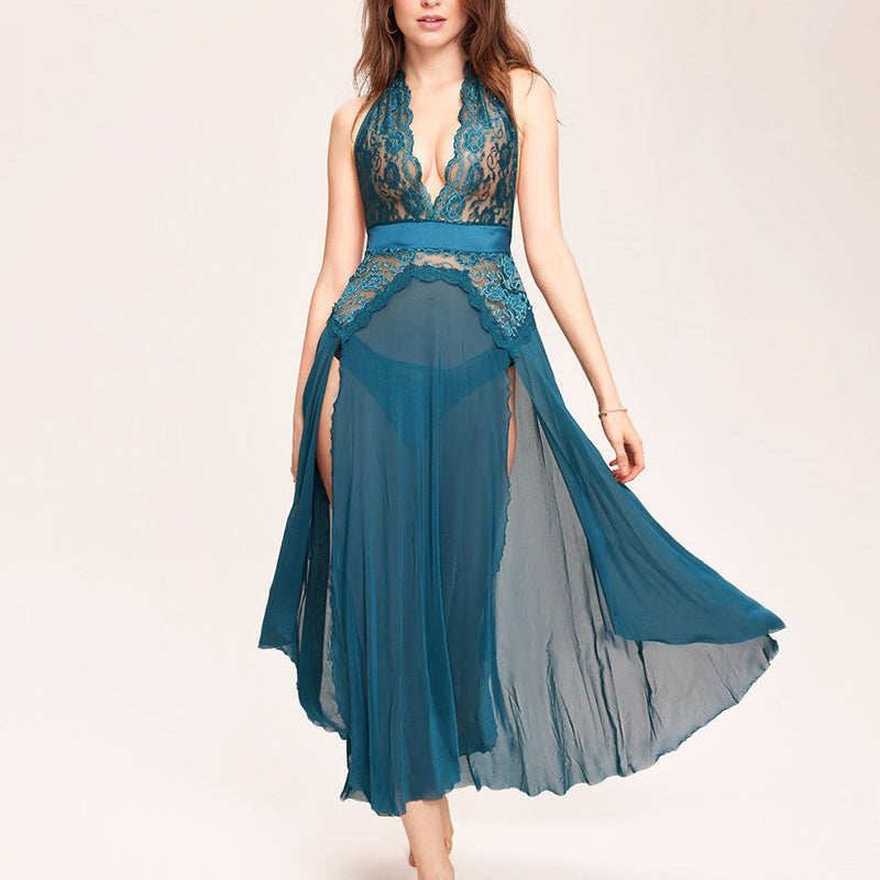Blue-green deep V-neck lace mesh dress with sheer skirt and lace trim