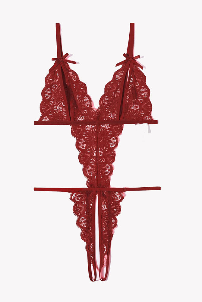 Red lace bodysuit with deep V-neck, bow details, backless design. Sexy lingerie for a hot night.