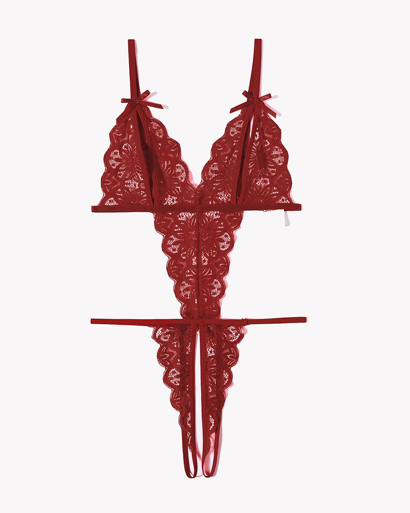 Red lace bodysuit with deep V-neck, bow details, backless design. Sexy lingerie for a hot night.