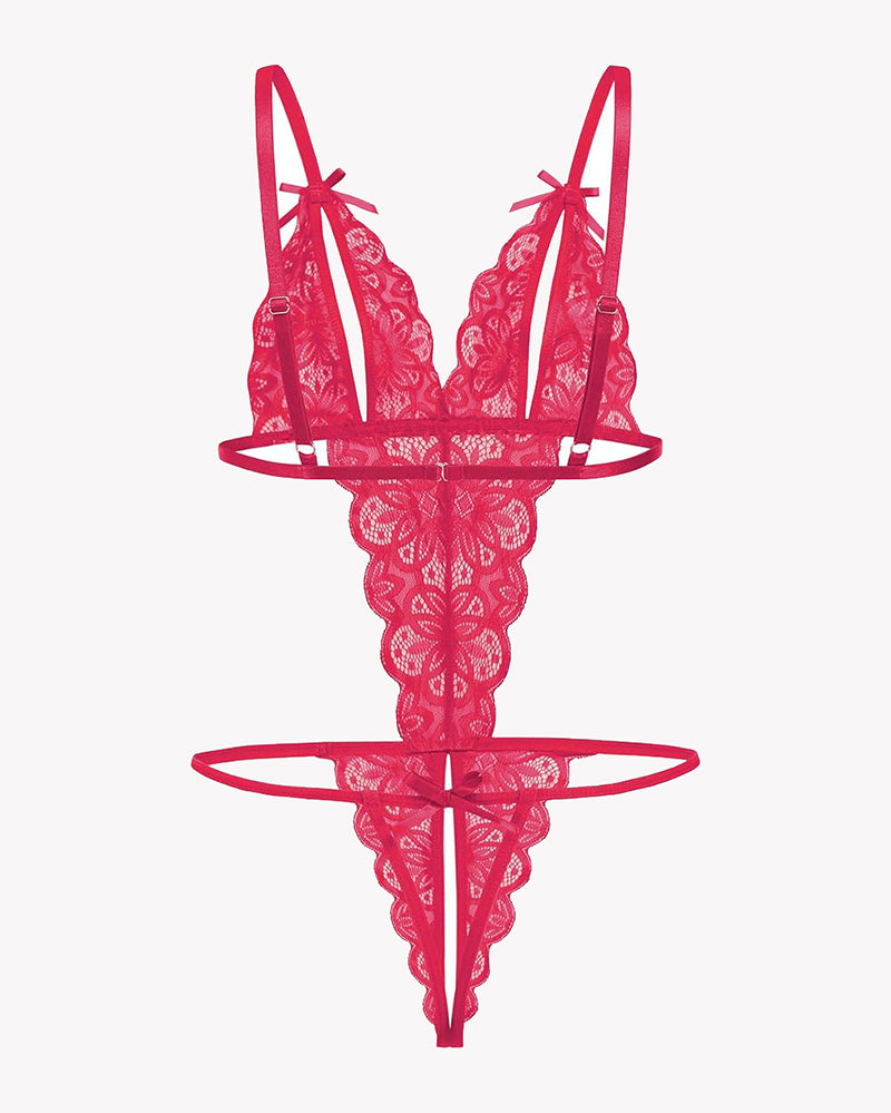 Avidlove red lace bodysuit, deep V, crotchless, adjustable straps, bow details. Sexy lingerie.