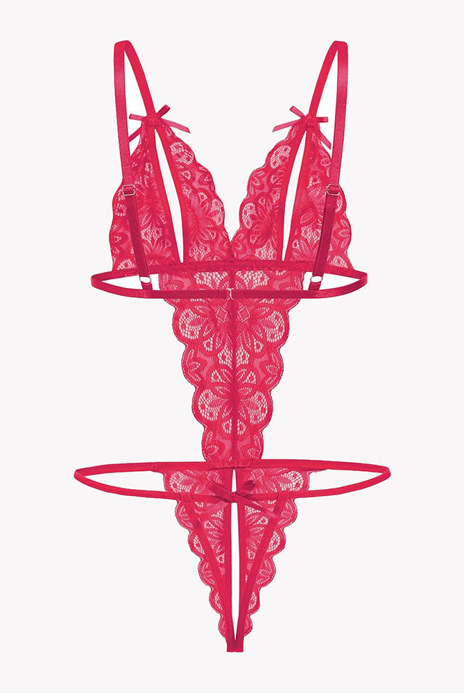 Red lace bodysuit with open cup, backless design, and bow details. Sexy lingerie for a hot night.