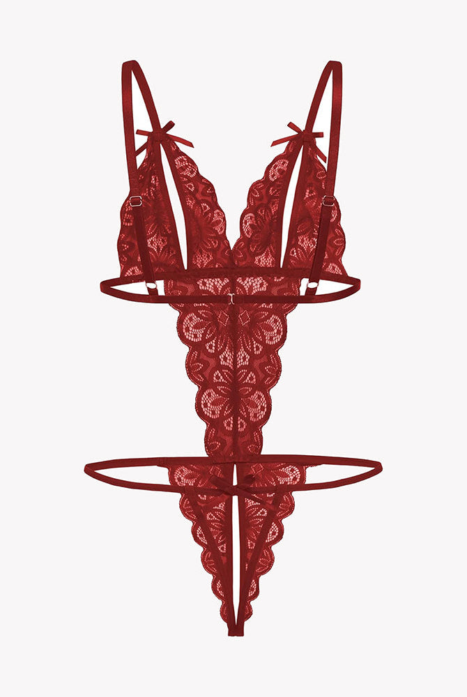 Avidlove red lace bodysuit, deep V crotchless design with bow details. Sexy lingerie for women.