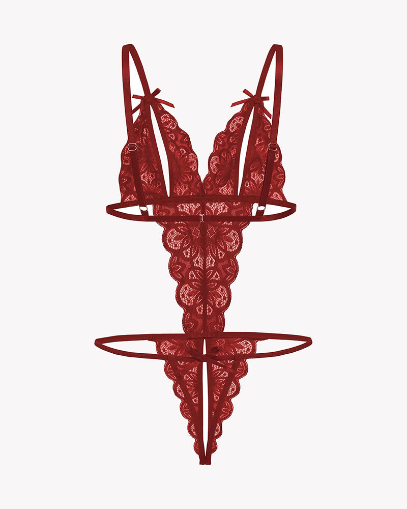 Avidlove red lace bodysuit, deep V crotchless design with bow details. Sexy lingerie for women.