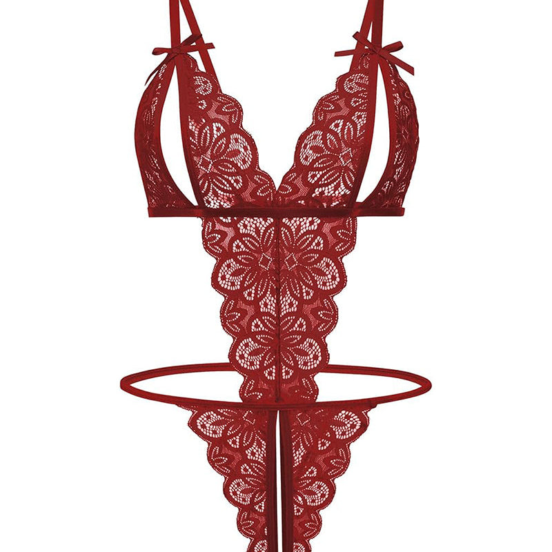 Red lace open cup bodysuit with bow details. Sexy backless lingerie for a hot night by Avidlove.