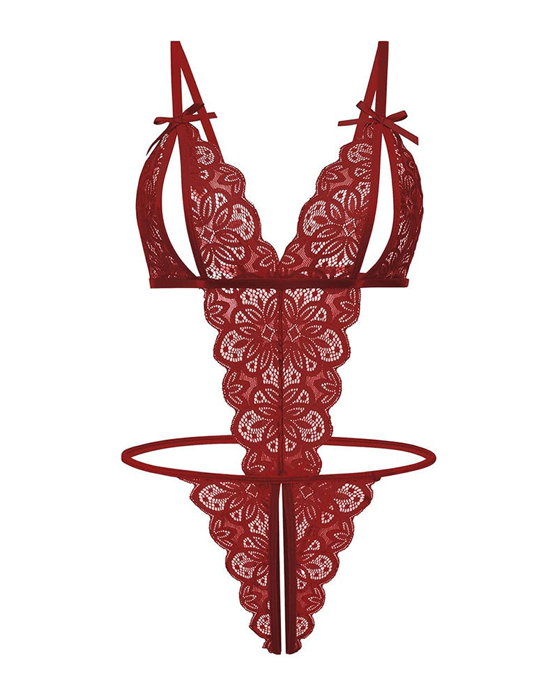 Dark red lace deep V teddy bodysuit with floral lace cups and ribbon ties