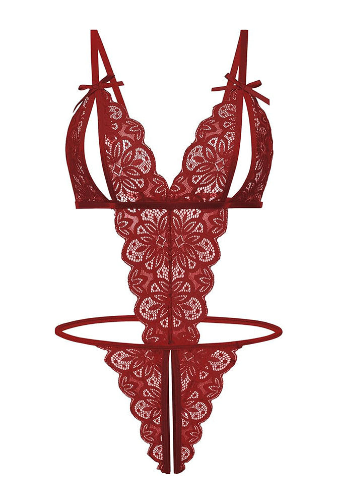 Red lace open cup bodysuit with bow details. Sexy backless lingerie for a hot night by Avidlove.