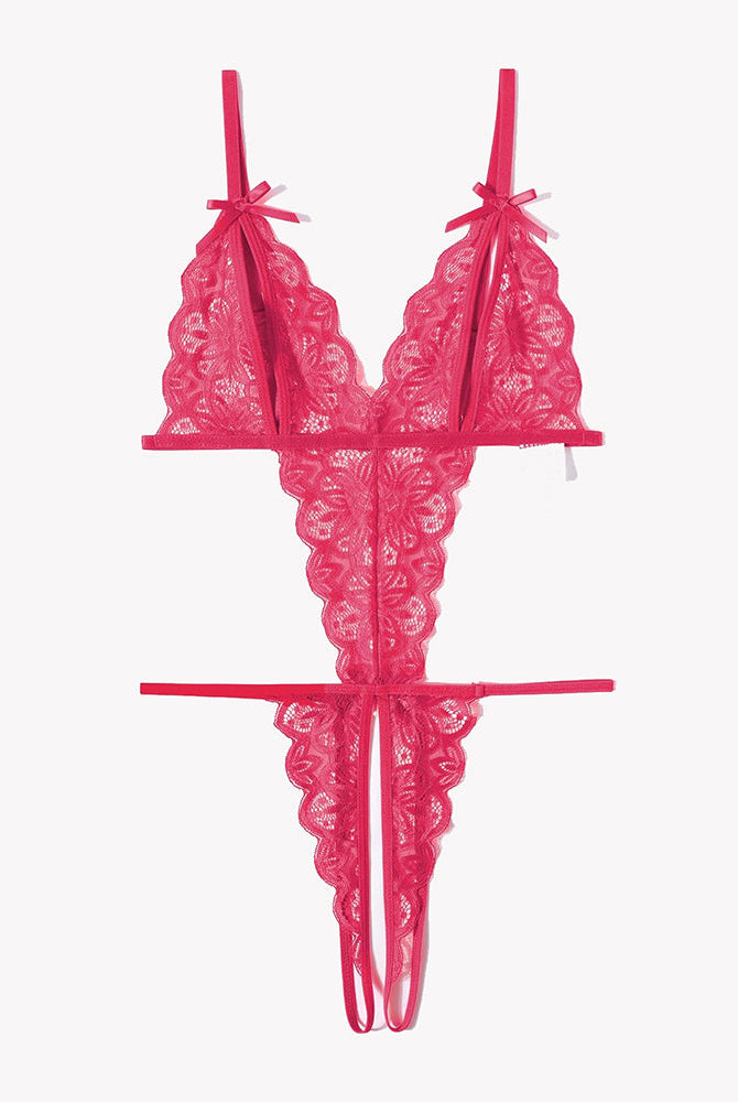 Avidlove red lace bodysuit, deep V crotchless, adjustable straps, bow details. Sexy lingerie.